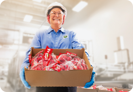 Smilende fabrikkarbeider som bærer en mellomstor eske med Babybel-ost.